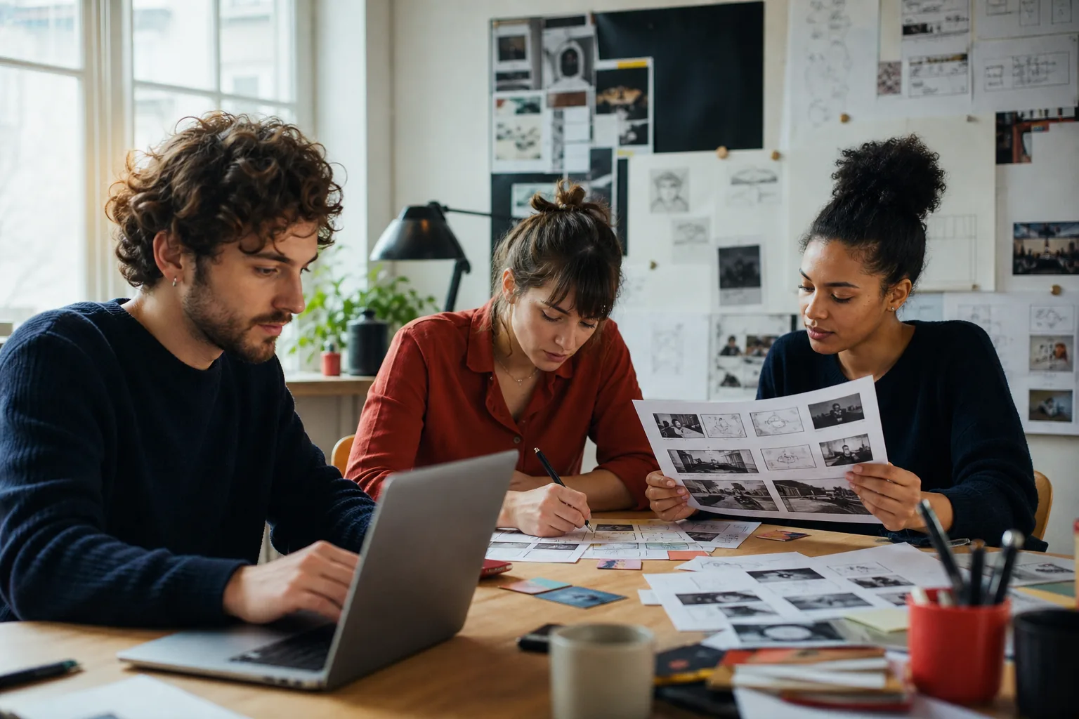 Jeunes professionnels collaborant sur des projets numériques dans un atelier