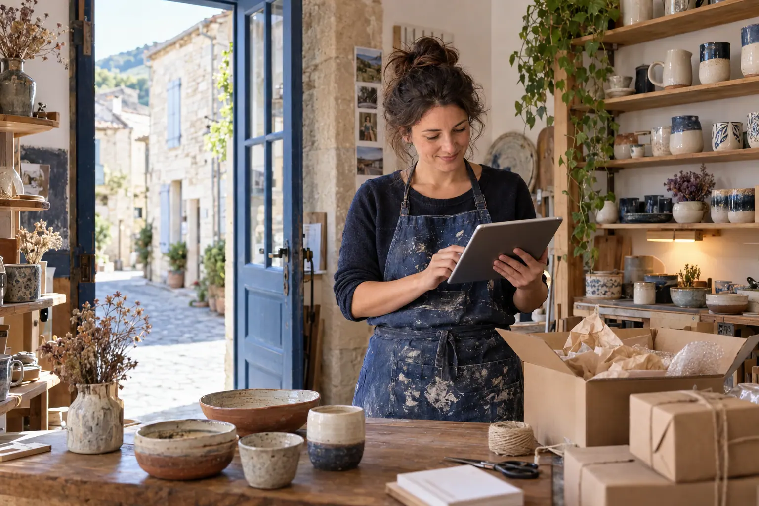 Céramiste indépendante consultant ses outils numériques dans son atelier-boutique