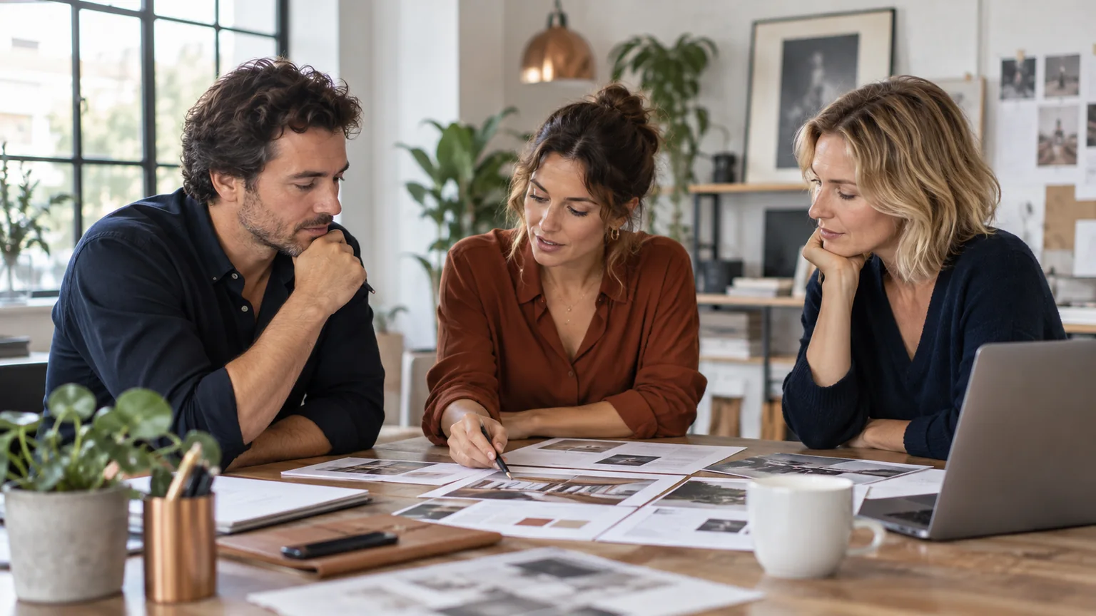 Équipe comparant plusieurs propositions et exemples de projets web autour d’une table