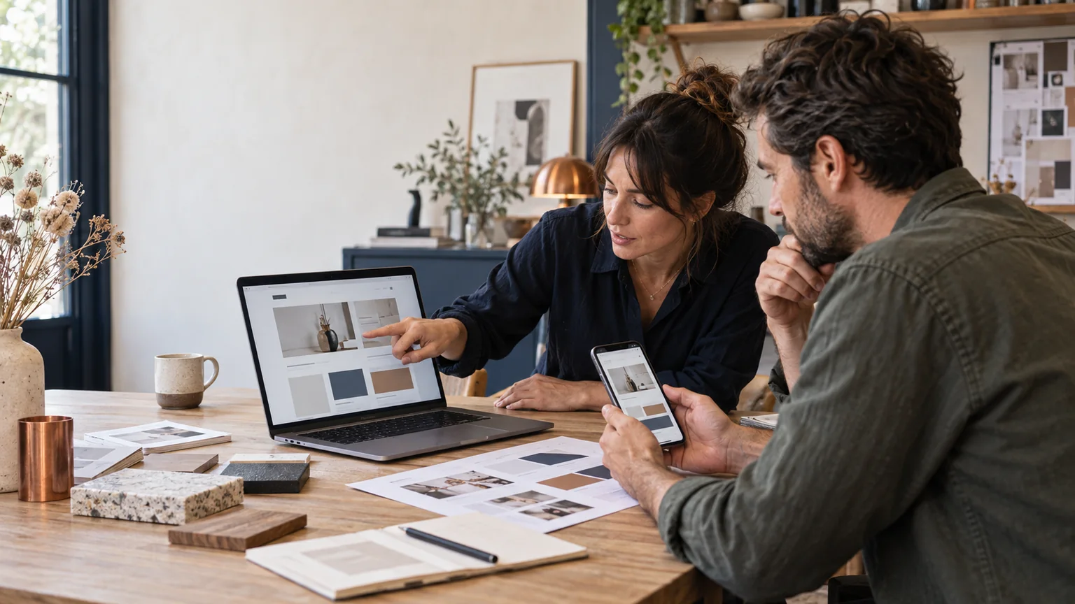 Entrepreneur et webdesigner vérifiant un site sur ordinateur et téléphone