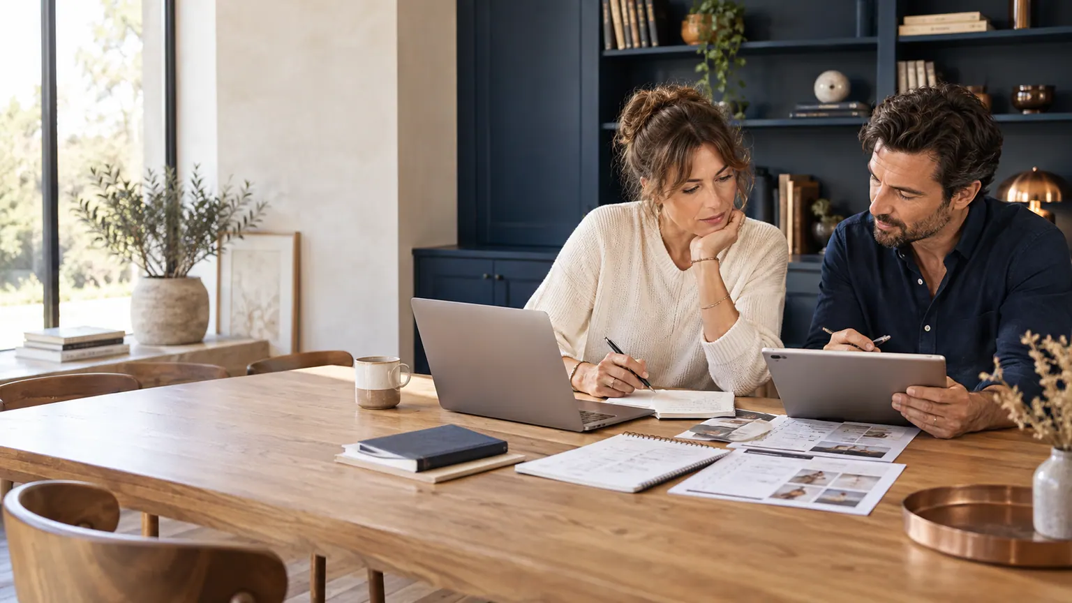 Entrepreneuse et consultant comparant des guides numériques sur ordinateur, tablette et papier