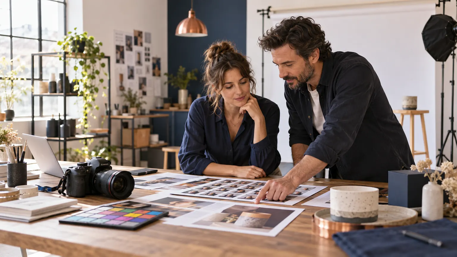 Sélection de photographies et de supports visuels dans un studio