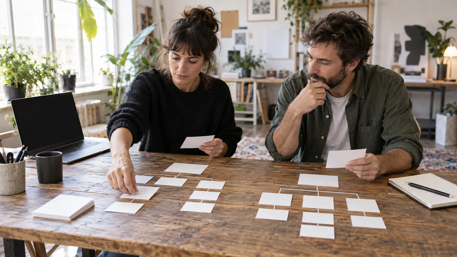 Deux responsables organisant les pages actuelles et futures lors de la préparation d’une refonte web