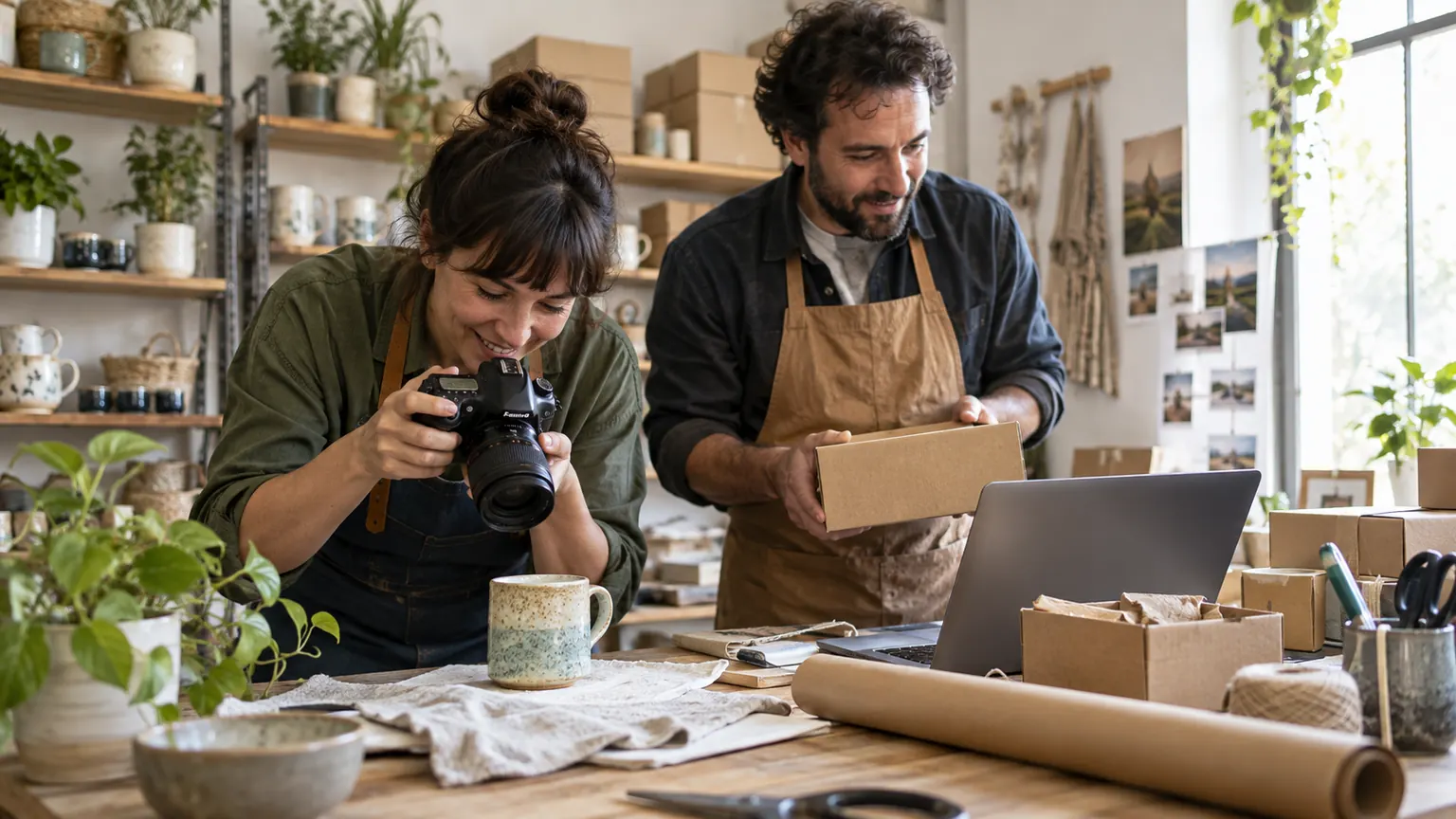 Artisans préparant une photographie produit et un colis pour leur future boutique en ligne