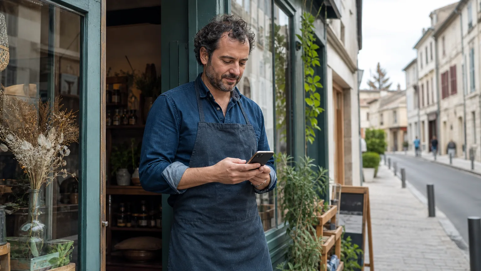 Commerçant consultant les informations de son établissement devant sa boutique